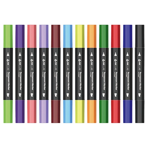 12-Farben-Kunstmarker-Set, mit Keilspitze und feiner Spitze, sechseckiger Schaft