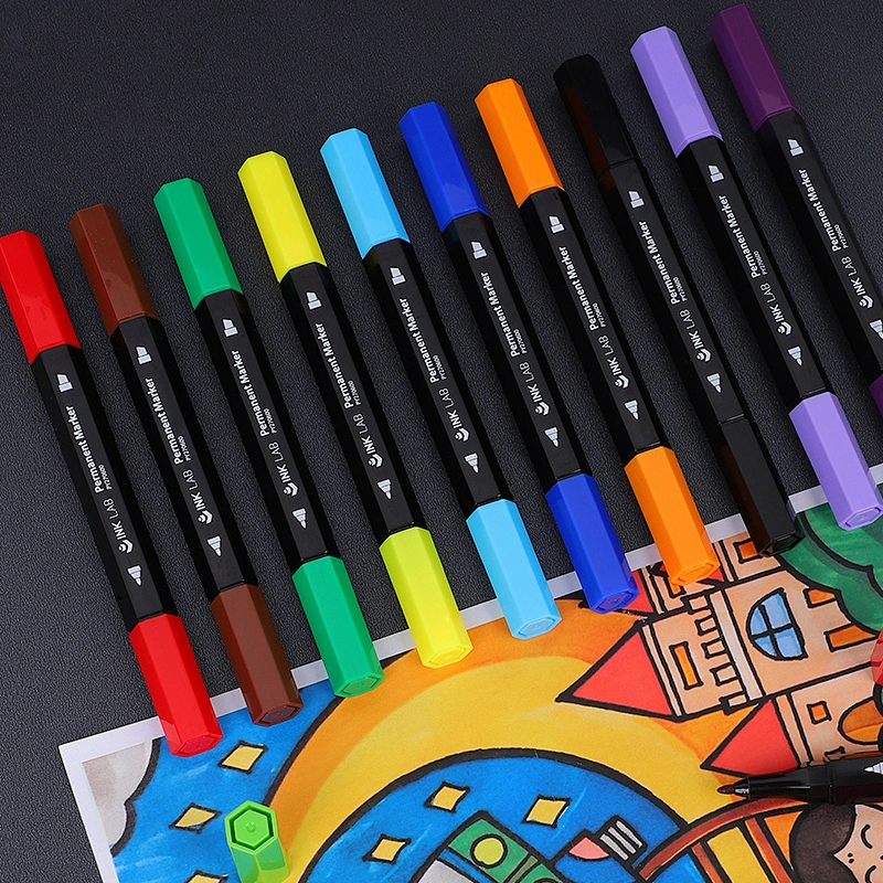 Juego de marcadores artísticos de 12 colores, con punta de cincel y punta fina, cilindro hexagonal